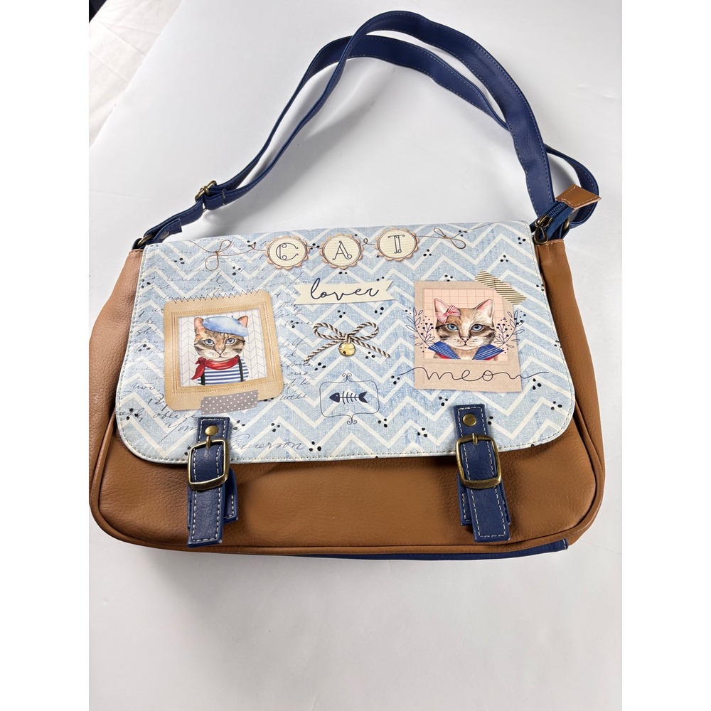 Cat Lover Faux Leather Messenger Bag Blue Tan Crossbody Satchel Whimsical Flap